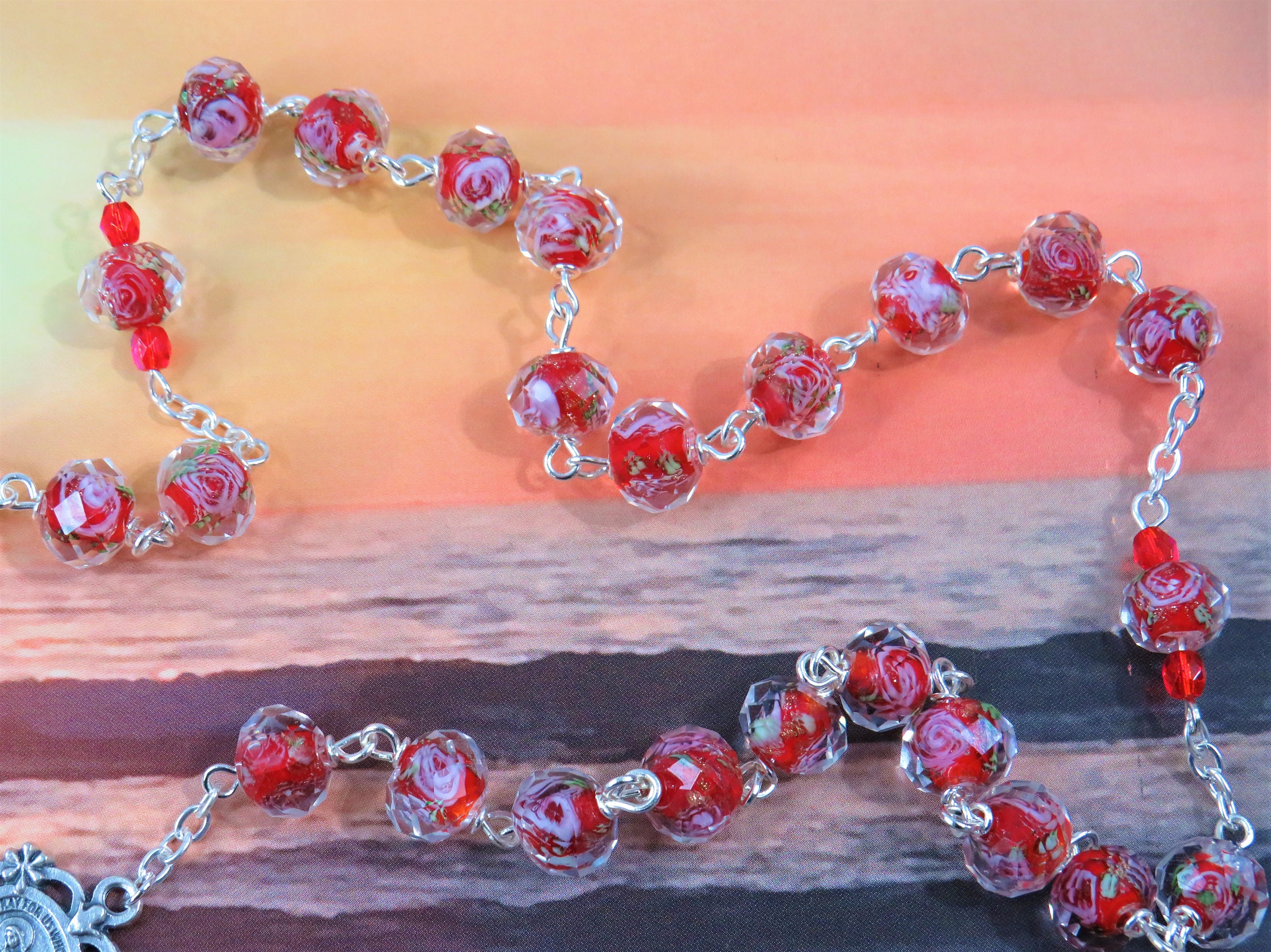 Red Rose Flower Lamp Glass Rosary -Faceted Red Rose Flower Lamp Glass Beads  -Italian Miraculous Mary Center -St Benedict Red Enamel Crucifix