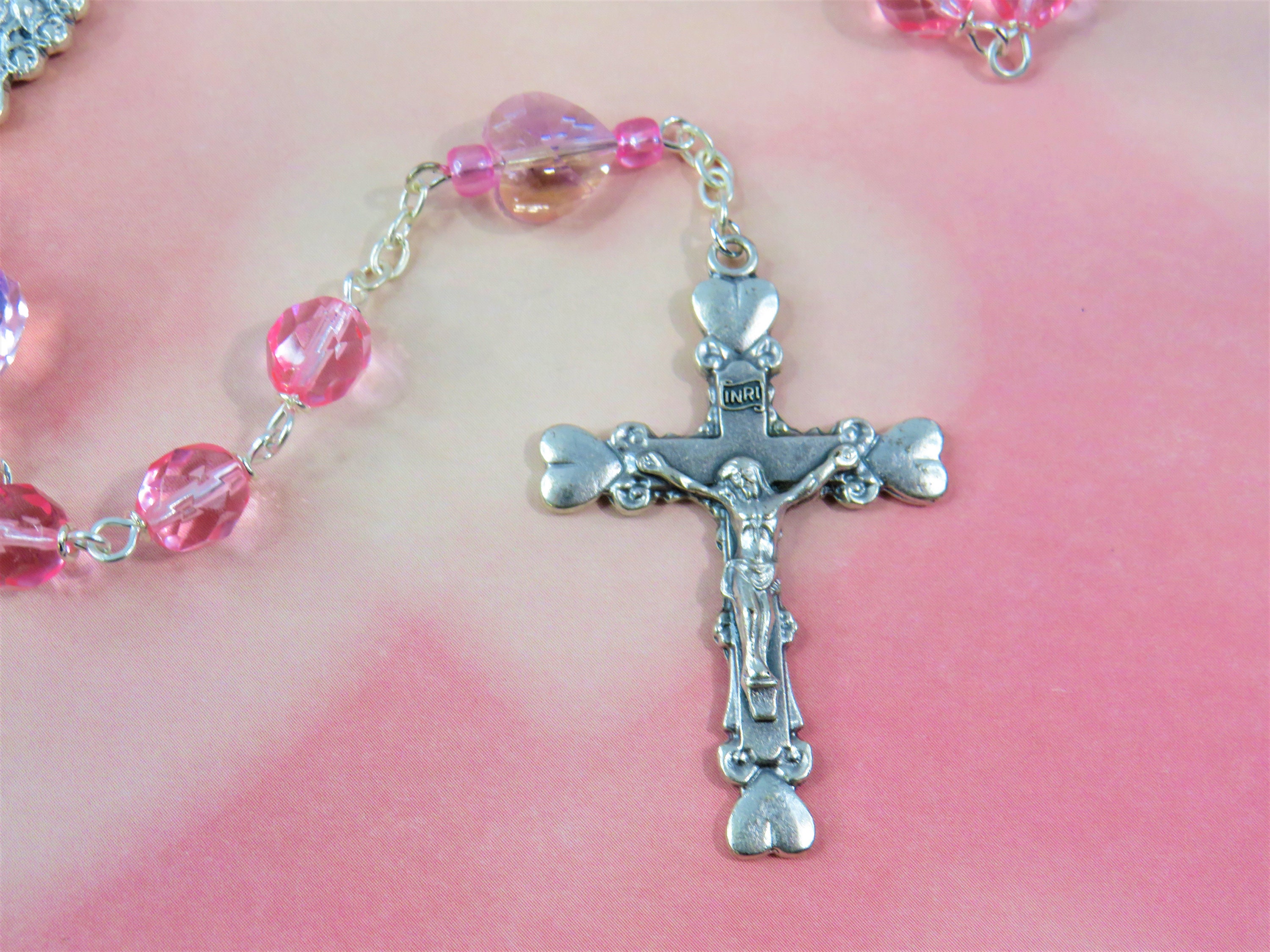 Cherry Blossom Pink Beaded Rosary Chain 6mm Crystal Candy Jade Stone  Antique Silver Plated Per Foot