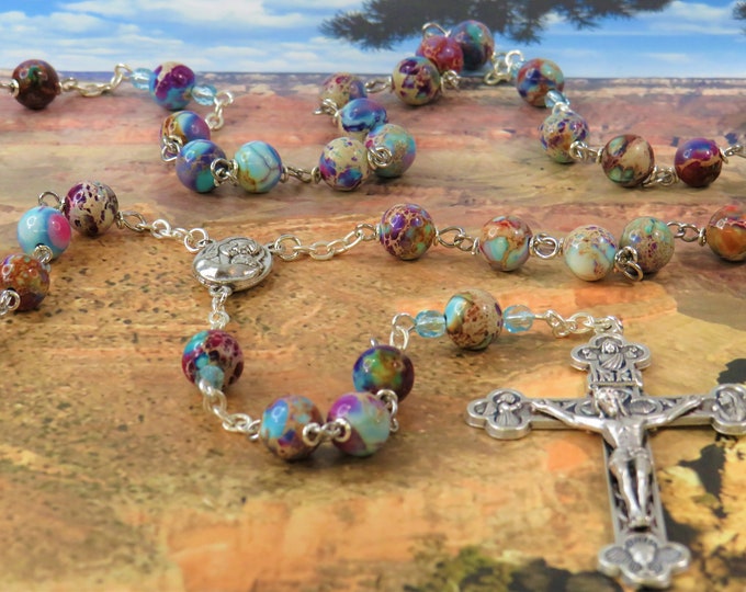 Icy Blue and Purple Sea Jasper Rosary -Icy Blue & Purple Sea Sediment Imperial Jasper Beads-Mary and Child Earth Center-Eucharistic Crucifix
