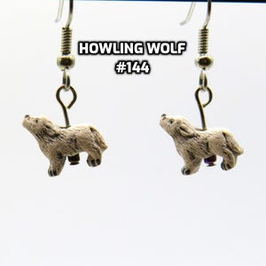 Fun Animal Earrings - Cattle - Cows - Horses - Wolves - Koala Bears - Kangaroos - Llamas - Camels -Hypo Allergenic Surgical Steel Ear Wires Wolf