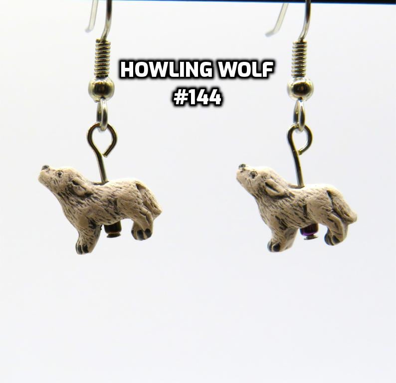 Fun Animal Earrings - Cattle - Cows - Horses - Wolves - Koala Bears - Kangaroos - Llamas - Camels -Hypo Allergenic Surgical Steel Ear Wires Wolf