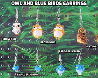 Owl and Blue Bird Earrings - Owl Lampglass Charms - Owl Resin Charms - Blue Bird Glass Charms (14 or 20mm Sizes)