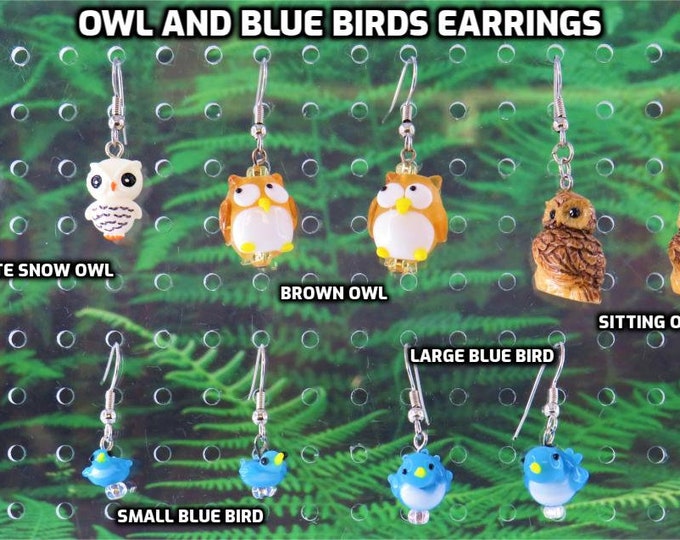 Owl and Blue Bird Earrings - Owl Lampglass Charms - Owl Resin Charms - Blue Bird Glass Charms (14 or 20mm Sizes)