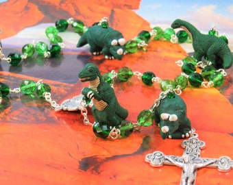 Dinosaur Rosary - Czech 3 Color Crystal Green 8mm Beads - Ceramic Dinosaur Beads - Italian Fatima Center - Italian Eucharistic Crucifix
