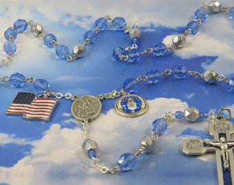 US Air Force Military Rosary - Czech Blue and Silver Crystal Beads -St Michael Center -US Air Force & Flag Charms -Italian Stations Crucifix