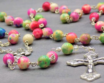 Multi Color Porcelian Rosary - Multi Color Porcelain Beads - AB Father Beads - Fleur-de-Lis Fiat Center - Italian Grapes and Vine Crucifix