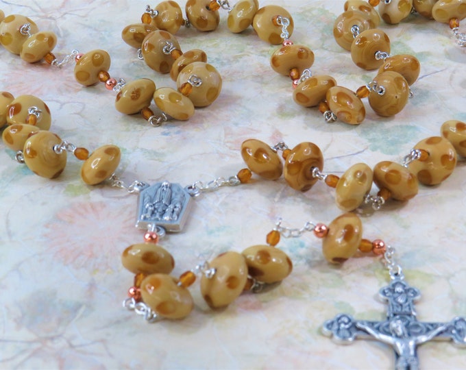 Glass Mushroom Rosary -  Tan and Gold lampwork Mushroom Glass Beads - Our Lady of Fatima Center with Earth -  Italian Eucharistic Crucifix
