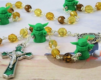 Star Wars Baby Yoda Rosary - Czech Amber Crystal Beads - 3D Baby Yoda Father Beads - Colorful Medjugorje Center - St B Green Enamel Crucifix