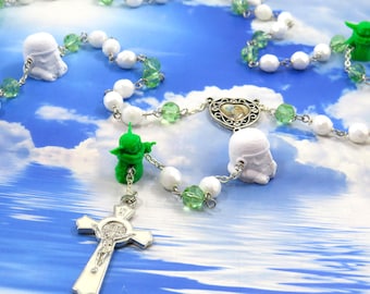 Star Wars Rosary -Czech White and Green Crystal Beads -Storm Trooper & Yoda Father Beads -OL of Medjugorje Center-St Benedict White Crucifix