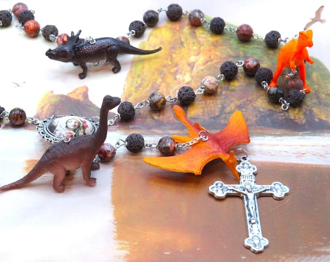 Dinosaur Rosary - Brown Lava Gemstone & Leopard Jasper Beads -Textured Dinosaur Beads -Virgin Most Pure Center -Italian Eucharistic Crucifix