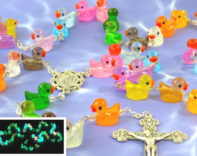 Ducky Rosary - Glows in the Dark - Multi Color Hand-Painted Duck Beads - Italian Our Lady of Lourdes Center - Italian Eucharistic Crucifix