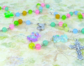Pastel Jade Bear Rosary – Translucent AB Bear Father Beads - Pastel 8mm Jade Beads - Italian Mary & Child Center - Italian Filigree Crucifix