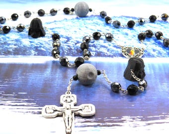 Star Wars Rosary - Czech Gray and Black Crystal Beads - 3D Death Star & Darth Vader Father Beads - Divine Mercy Center - Stations Crucifix