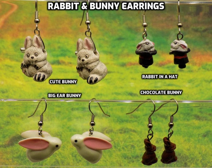 Rabbit and Bunny 3D Earrings - Cute Bunny - Rabbit in Hat - Big Ear Bunny - Chocolate Bunny