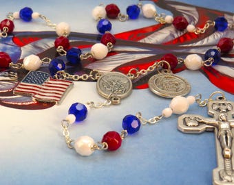 Proud to be American Rosary - Czech Red, White and Blue Crystal Beads - US Flag Charm - St Michael Center - Proud To Be American Charm