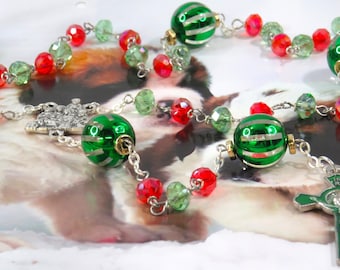 Christmas Rosary - Czech Red and Green Crystal Beads - Clear & Green Ornament Beads -Italian Nativity Center -Benedict Green Enamel Crucifix