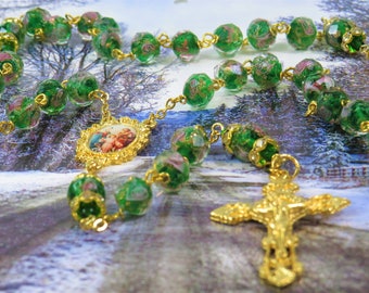 Green Flower Christmas Rosary - Handmade Faceted Green Rose Flower Lamp Glass Beads - Gold Plated Holy Family Center -Ital Filigree Crucifix