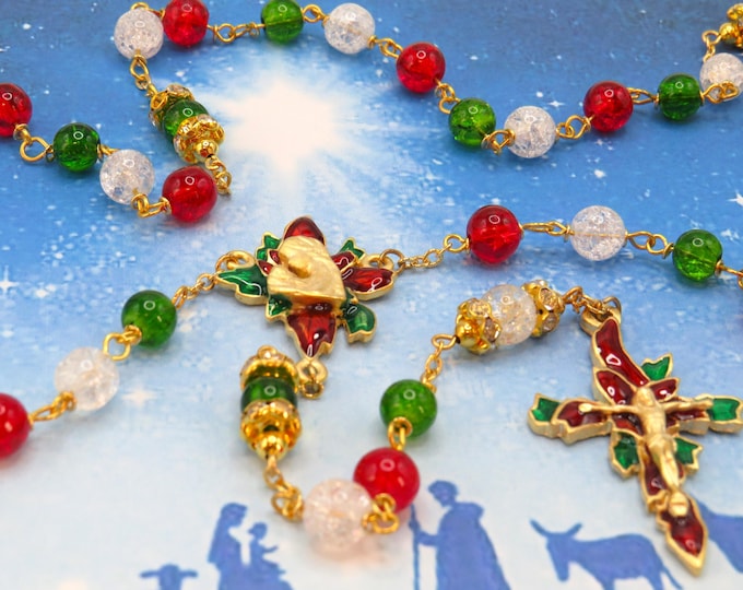 Christmas Poinsettia Rosary - Red, Green and Clear Crackle Glass Beads - Rhinestone Father Beads-Gold Christmas Poinsettia Center & Crucifix