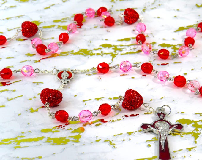 Rhinestone Heart Rosary - Red Rhinestone Heart Beads - Czech Pink & Red Crystal Beads -Red Guadalupe Center -Red Enamel St Benedict Crucifix
