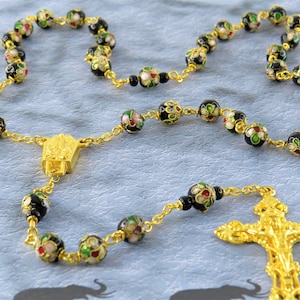 Black Flower Cloisonné Rosary - Cloisonné Metal Black 8mm Beads - Italian Silver Fatima Center with Water - Italian Silver Filigree Crucifix