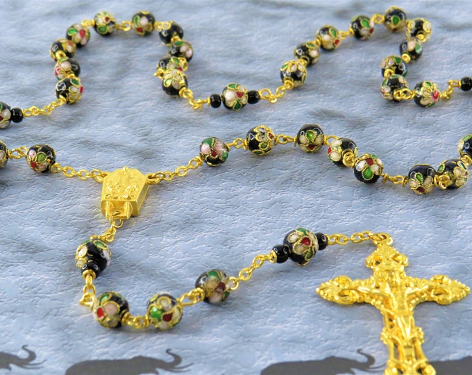 Black Flower Cloisonné Rosary - Cloisonné Metal Black 8mm Beads - Italian Silver Fatima Center with Water - Italian Silver Filigree Crucifix