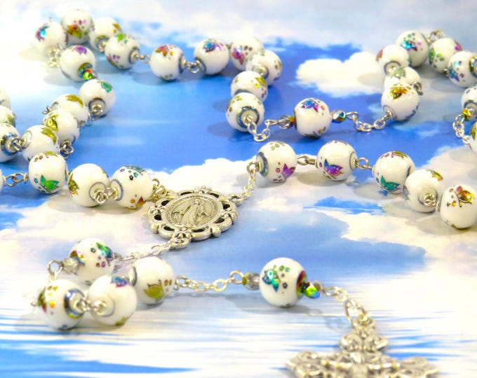 Butterfly Rosary - White Glass Electroplated Butterfly 10mm Beads - Italian Blessed Mother Flower Center - Italian Solid Filigree Crucifix