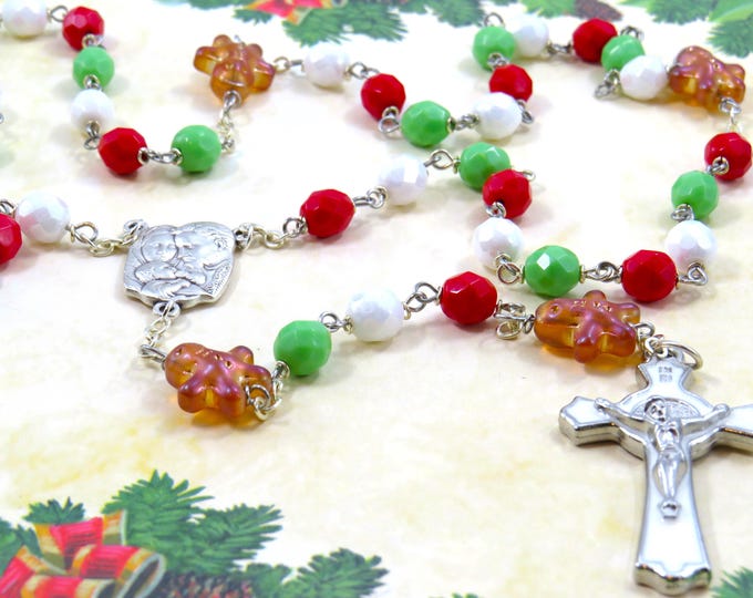 Gingerbread Man Chistmas Rosary - Gingerbread Man Father Beads -Green, Red, White Crystal Beads - Holy Family Center - White Enamel Crucifix
