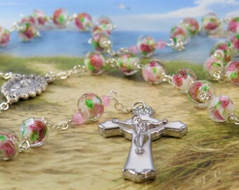 White-Pink-Green Rose Flower Lamp Glass Rosary-Faceted White-Pink-Green Rose Flower Lamp Glass Beads -Ital Mary Center-White Enamel Crucifix