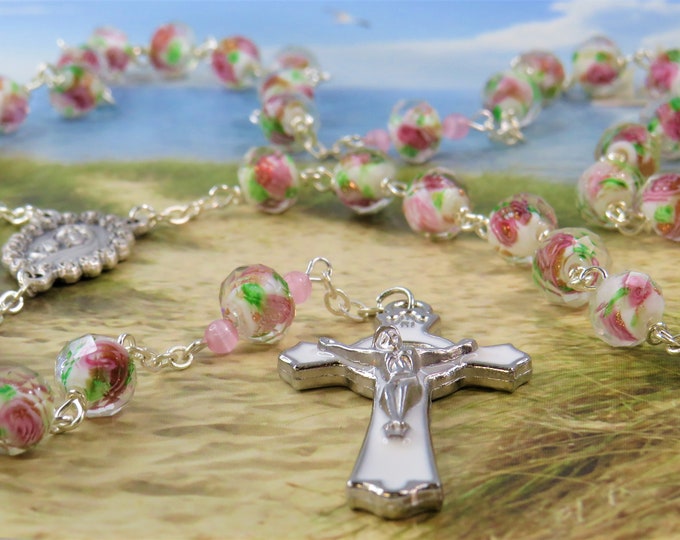 White-Pink-Green Rose Flower Lamp Glass Rosary-Faceted White-Pink-Green Rose Flower Lamp Glass Beads -Ital Mary Center-White Enamel Crucifix