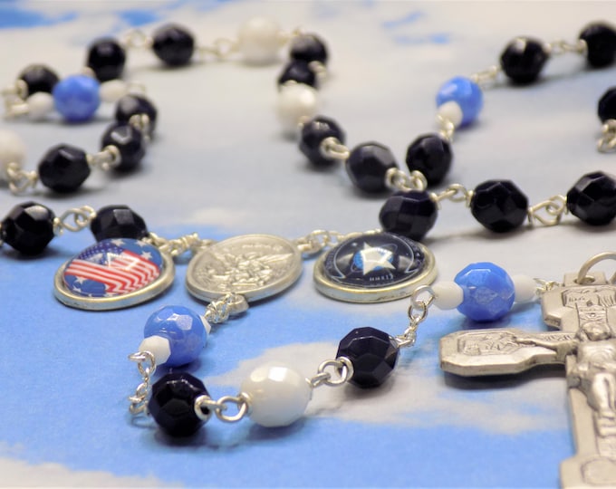 US Space Force Rosary - Czech Navy, White and Blue Crystal Beads - St Michael Center -US Space Force & Flag Charm- Italian Stations Crucifix