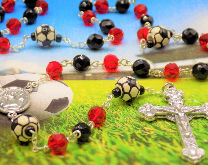 Black and Red Soccer Rosary - Czech Black & Red Glass Beads - Ceramic Soccer Balls - Ital St Sebastian Center - Italian Eucharistic Crucifix