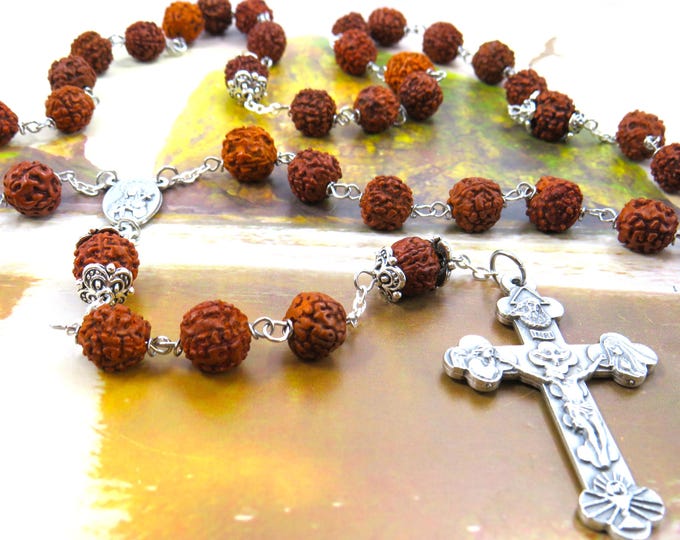 Rudraksha Rosary - Natural Rudraksha Beads - OL of Sorrows with Earth from Jerusalem "Holy Land" Center -Italian Silver Eucharistic Crucifix
