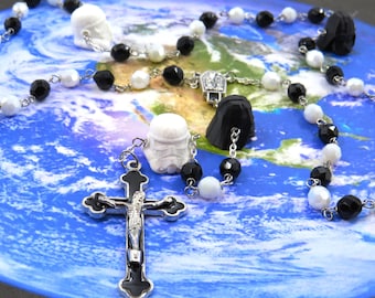 Star Wars Rosary - Czech White and Black Crystal Beads - 3D Storm Trooper & Darth Vader Father Beads -Lady of Lourdes Center -Black Crucifix