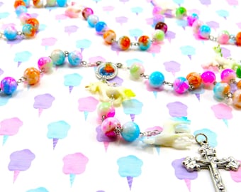 Multi-Color Unicorn Rosary - Multi-Color Splatter Glass Beads -Soft Unicorn Father Beads - Colorful Our Lady Center -Italian Ribbon Crucifix