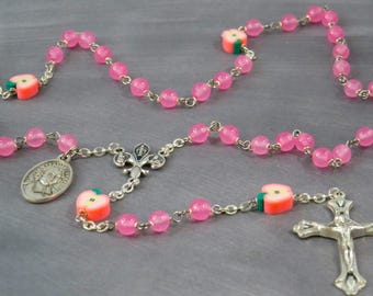 Teacher Rosary - Pink Candy Jade Gemstone Beads - Pink Apple Beads - Fleur-de-Lis Fiat Center - Sunburst Crucifix -St John De La Salle Medal