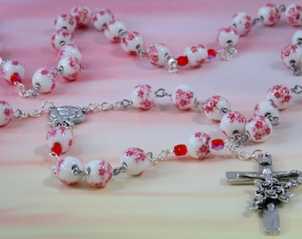 White & Pink Flower Rosary - White and Pink Flower Ceramic Beads - Italian Silver Rose and Mary Center - Italian Silver Flower Crucifix