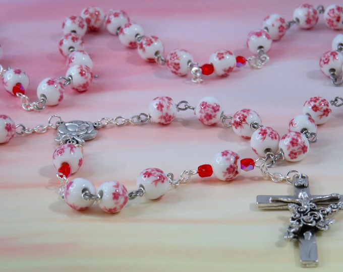 White & Pink Flower Rosary - White and Pink Flower Ceramic Beads - Italian Silver Rose and Mary Center - Italian Silver Flower Crucifix
