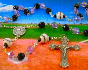 Baseball Purple and Black Rosary - Czech Purple & Black Glass Beads - Ceramic Baseballs -Ital St Sebastian Center -Ital Eucharistic Crucifix