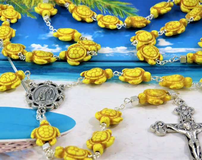 Yellow Stone Turtle Rosary - Yellow Stone Turtle Beads - Silver Accent Beads - Italian Silver Lourdes Center - Italian Eucharistic Crucifix