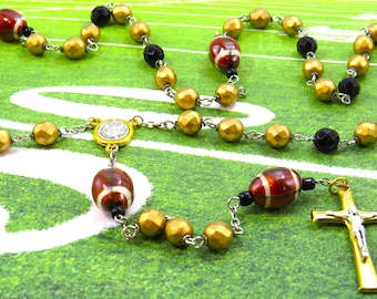 Gold & Black Football Rosary - Czech Gold and Black Crystal Beads - Ceramic Football Father Beads - St Benedict Center -Gold/Silver Crucifix