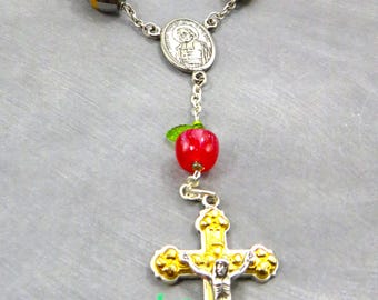 Teacher One Decade Rosary - Gold & Silver Glass Beads - Apple Father Bead - St John De La Salle Center -Italian Crucifix-Teacher Prayer Card