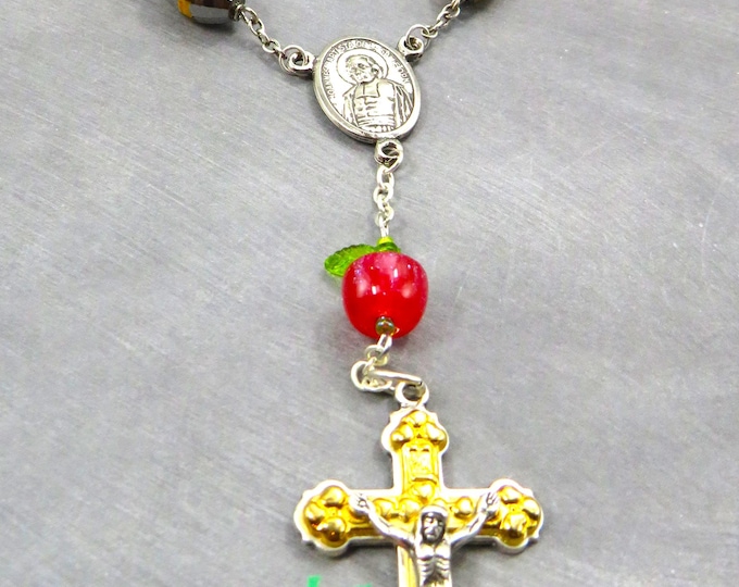 Teacher One Decade Rosary - Gold & Silver Glass Beads - Apple Father Bead - St John De La Salle Center -Italian Crucifix-Teacher Prayer Card