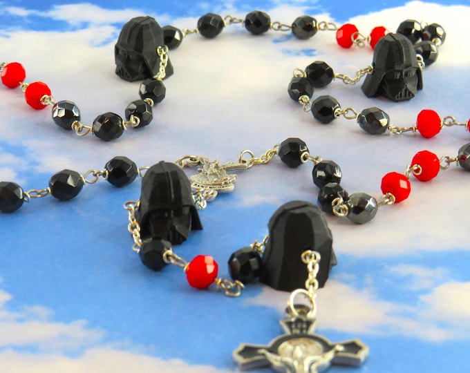 Star Wars Rosary - Czech Black, Gray and Red 8mm Crystal Beads - 3D Darth Vader Father Beads - St Michael Center -St Benedict Black Crucifix