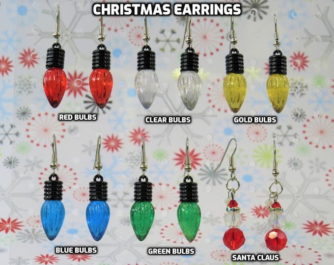 Christmas Earrings - Christmas Lights, Red, Clear, Gold, Blue & Green (5) - Santa Claus