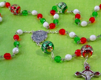 Christmas Rosary - Czech Green, Red & White Glass Beads - Christmas Bead Father Beads - Italian Holy Family Center - Red Enamel Crucifix
