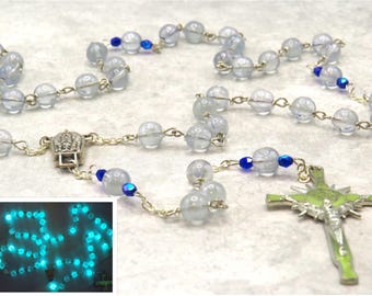 Light Blue Czech Glass "Glow in the Dark" Rosary - Czech Light Blue Glow in The Dark Glass Beads - Fatima Water Center - Luminous Crucifix