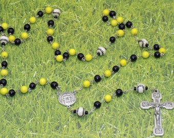 Baseball Rosary - Yellow and Black Cheesewood Beads - Ceramic Baseballs Father Beads - Italian Holy Face Center - Italian Stations Crucifix