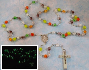 Multi-Color Glass Glow In The Dark Rosary - "Glow in the Dark" Glass Beads - Czech Accent Beads - Italian Mary Center - Luminous Crucifix
