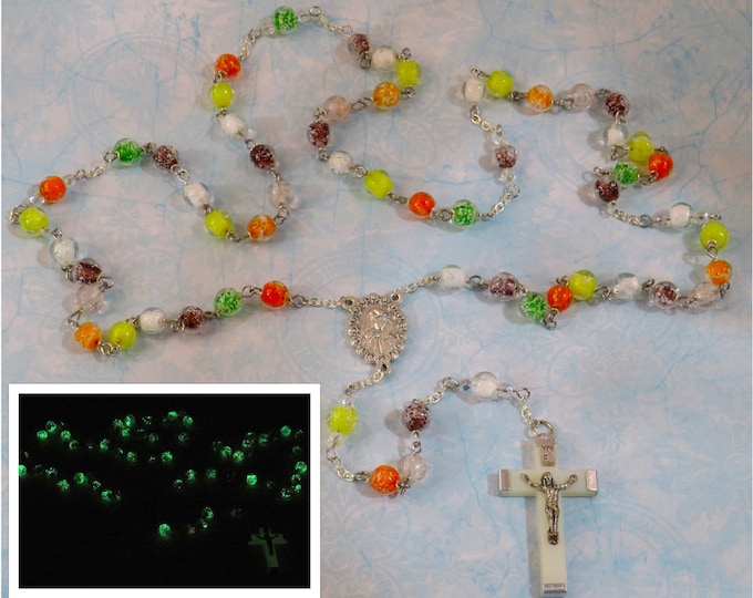 Multi-Color Glass Glow In The Dark Rosary - "Glow in the Dark" Glass Beads - Czech Accent Beads - Italian Mary Center - Luminous Crucifix