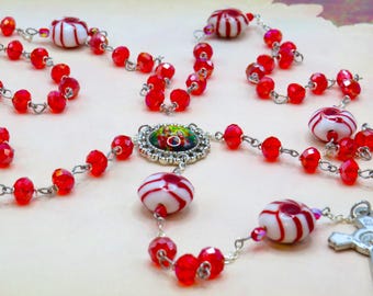 Christmas Peppermint Candy Rosary - Czech Red AB Crystal Beads - Glass Peppermint Candy Beads - Sacred Heart Center - White Enamel Crucifix